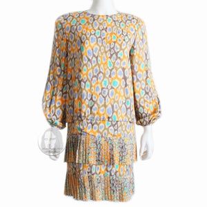 Vintage Bill Blass Dress Silk Jacquard Watercolor Print Pleats for Amen Wardy 10